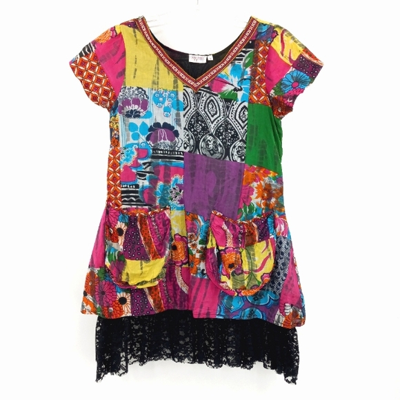 Funky People Tops - Funky Pepple Tunic Size S Multicolor Patchwork Print Lace Layered Cotton V-Neck